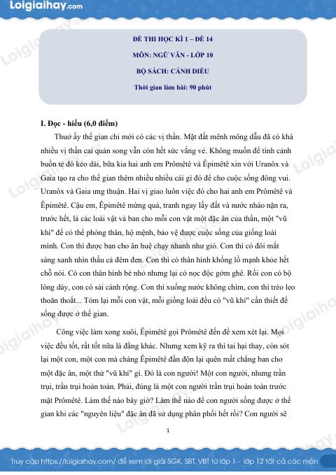 Đề thi học kì 1 Văn 10 Cánh diều - Đề số 14